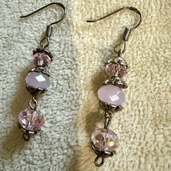 VINTAGE-INSPIRED DANGLE EARRINGS – STERLING HOOKS & PINK FACETED BEADS - Picture 12 of 17